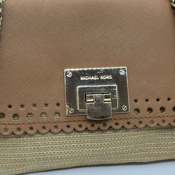 Michael Kors Vivian Tan Leather & Rattan Crossbody Purse - Picture 3 of 15